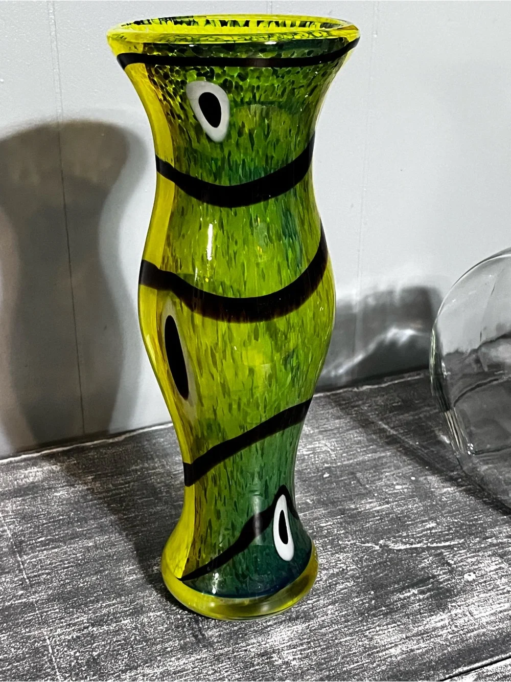Murano Green with Black and White Eye Motif Art Glass Vase